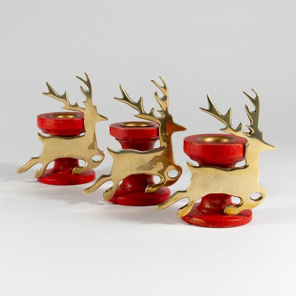 Eddie Bauer Brass & Wood Reindeer Taper Candle Holders, Set of 3 - Picture 3 of 4